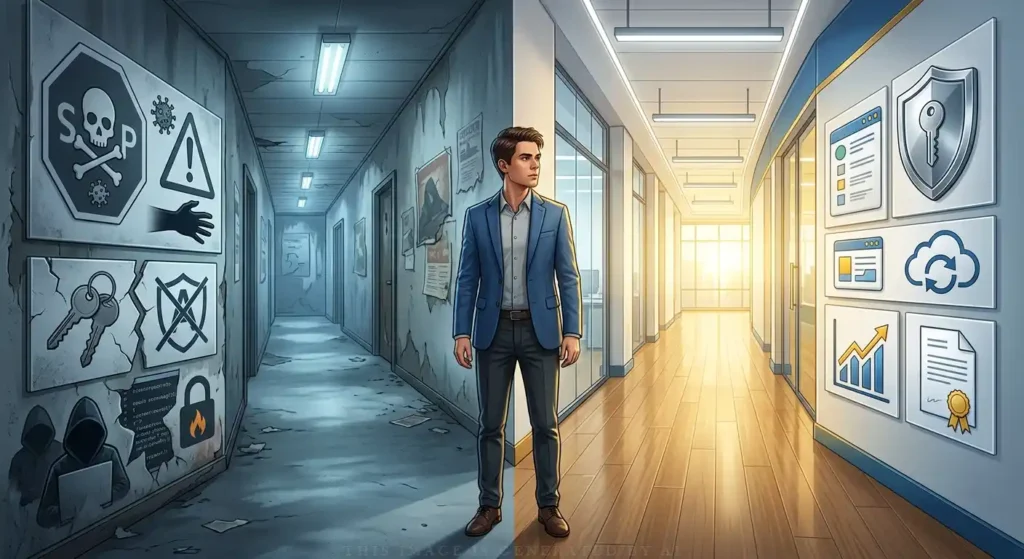 A professional office user choosing between two paths