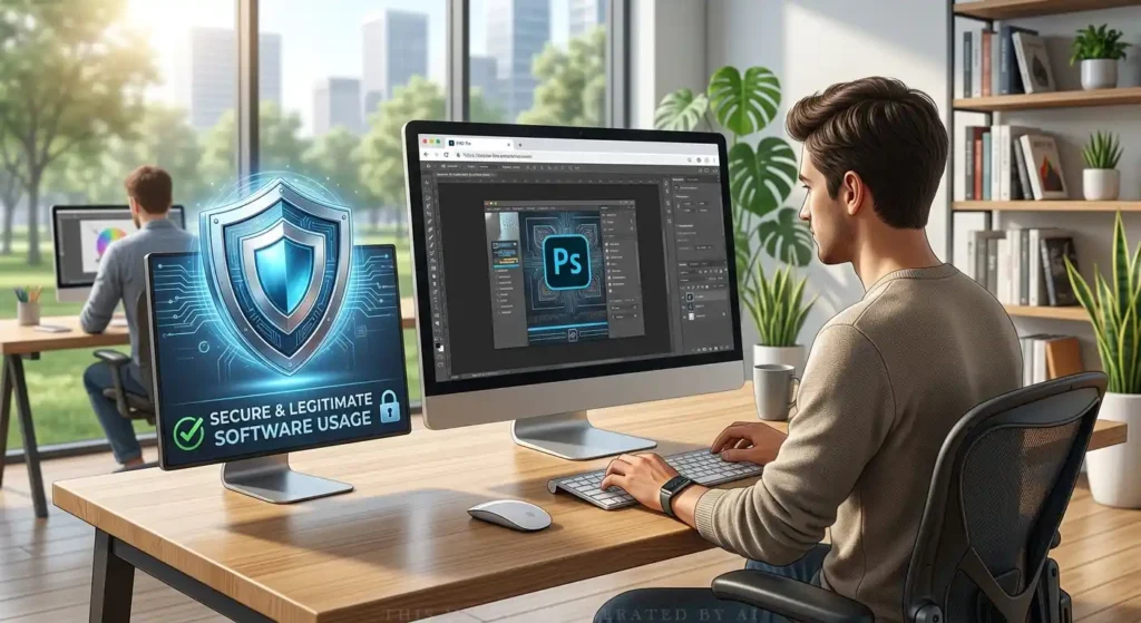 Modern workspace showing a designer editing PSD files