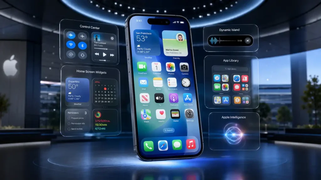 Modern iPhone showing iOS 27 home screen