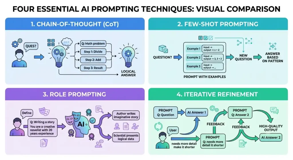 Comparison of role prompting, few-shot prompting, chain-of-thought, and iterative refinement