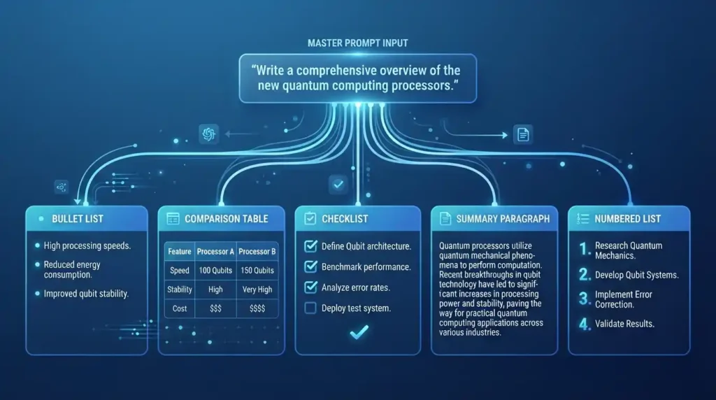AI prompt output formats including tables, bullet points, and summaries