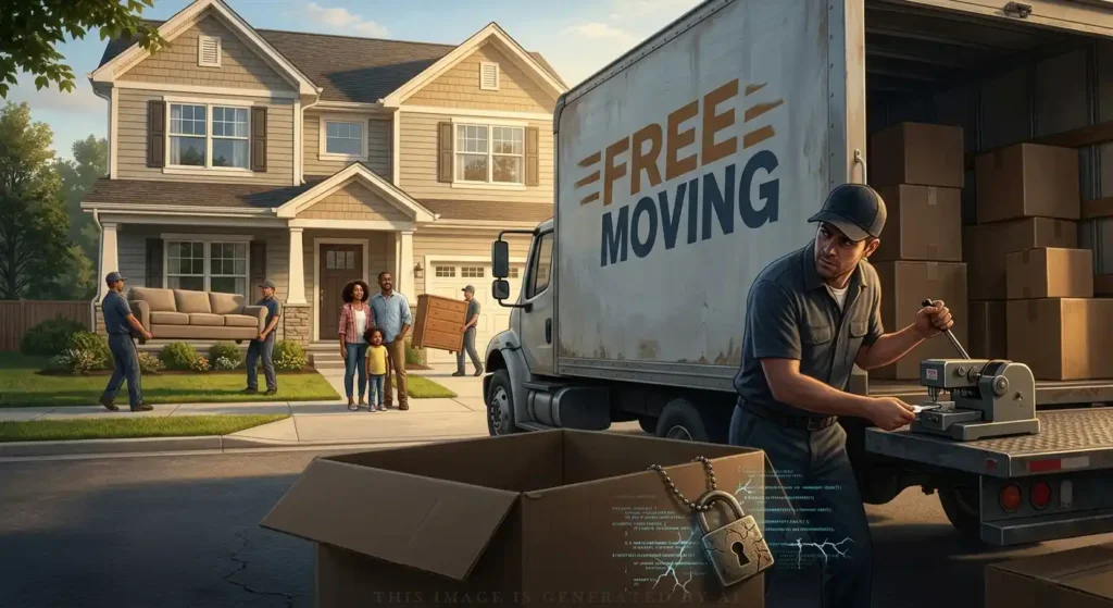 free moving truck delivering furniture to a new house while a suspicious mover secretly makes a duplicate house key behind the owner's back.