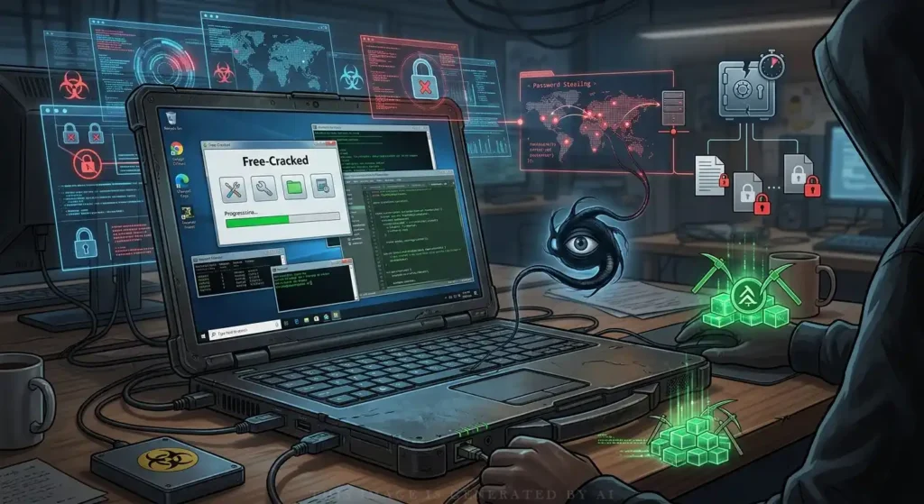 hidden malicious programs secretly steal passwords, monitor keystrokes, encrypt files with ransomware, and mine cryptocurrency in the background