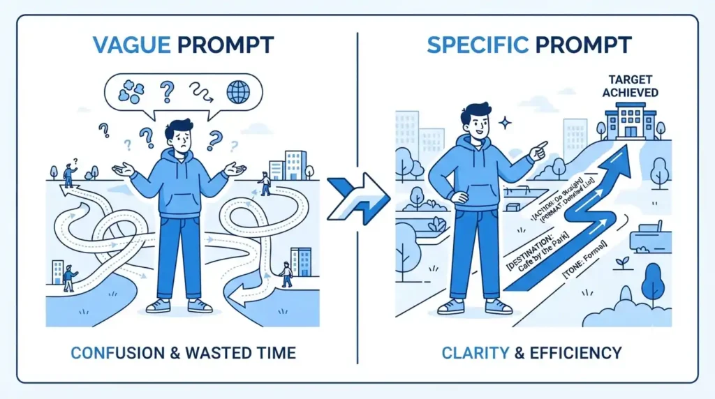 Comparison showing the difference between vague and specific AI prompts