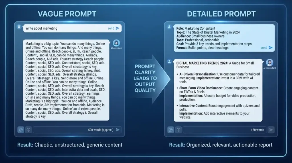 Illustration explaining why AI prompts fail without context or clear instructions